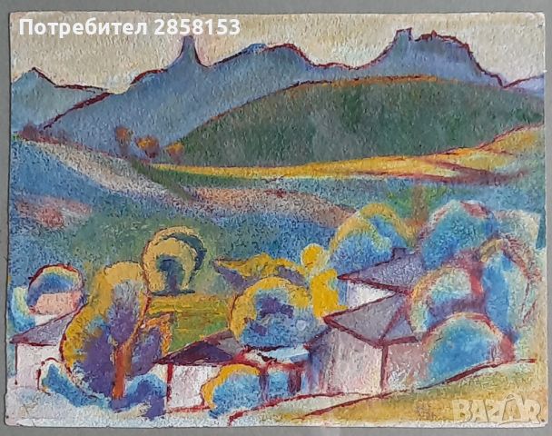 Стара картина селски пейзаж  на худ. Иван Милев масло на картон