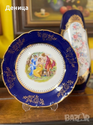 Трите грации, кобалт, позлата⚜️  MZ (Moritz Zdekauer)  Порцеланова чиния 