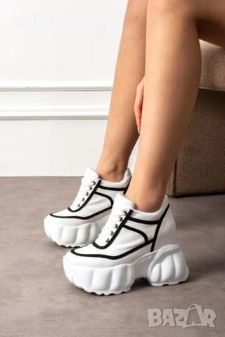 Кецове на платформа - бяло с черно - PA720 , снимка 2 - Кецове - 51979852