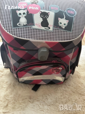 Ars Una ученическа раница – котенца, каре, розово/сиво