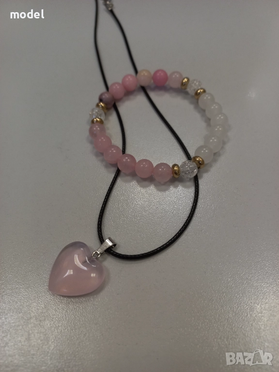 Колие Сърце Розов кварц комплект с гривна , снимка 1