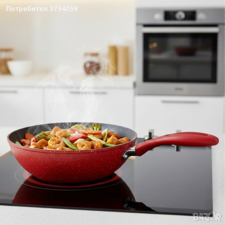 Уок тиган Voltz OV54420A28 Ø28 см – мраморно незалепващо покритие, индукционен, червен, снимка 1