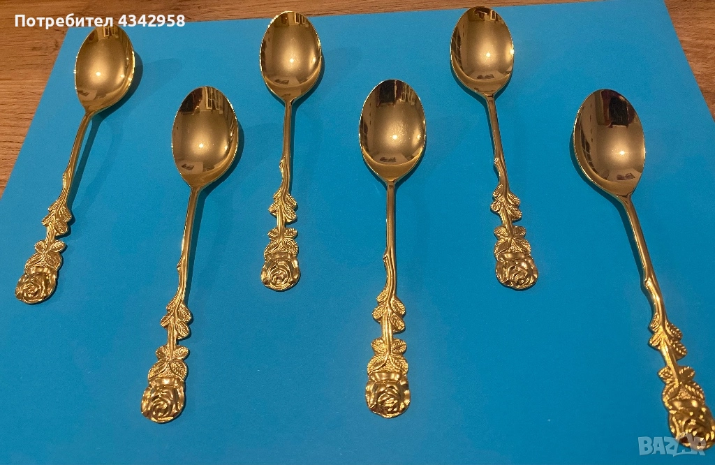 Чаени лъжички "Hildesheim Rose", неръждаема стомана, позлатени с 20-каратово злато, 1950-1960, снимка 1