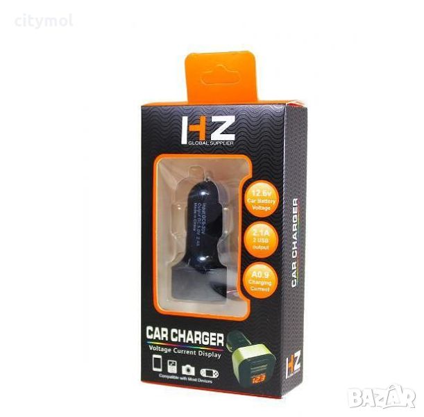 Зарядно за автомобил с 2 бр. USB, HZ Car Charger, с вграден волтметър , снимка 1