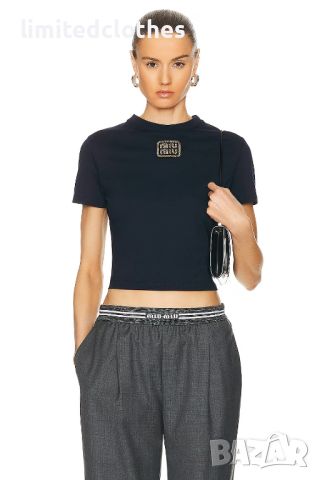 MIU MIU Gold Logo Embroidered Cropped Дамска Тениска size XS и L, снимка 6 - Тениски - 46498561