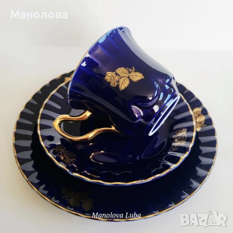 Кобалтово сини ваза Porzellanfabrik Waldsassen Bareuther & Co. AG и троен комплект , снимка 9 - Други ценни предмети - 54142289