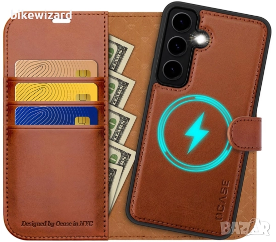 Кожен калъф за Samsung Galaxy S24, удароустойчив магнитен, с безжично зареждане кафяв, 6.1 инча НОВ