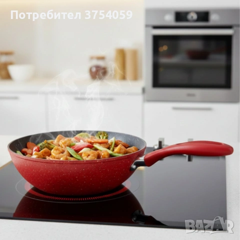 Уок тиган Voltz OV54420A28 Ø28 см – мраморно незалепващо покритие, индукционен, червен