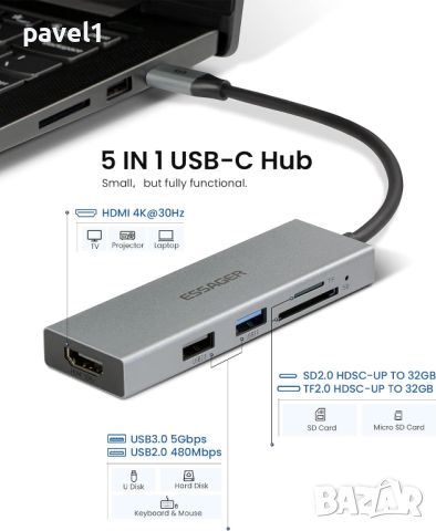 НОВ USB HUB усб хъб 5 в 1 USB3.0 / PD / HDMI 4K 60HZ / PD / SD/TF СИВ