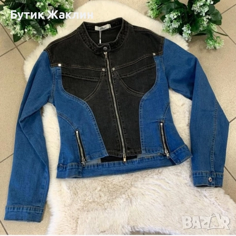 Късо дамско яке в черен и син деним, снимка 1