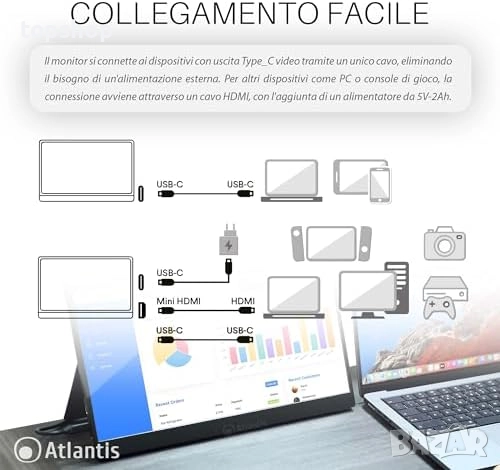 Нов Atlantis 16-инчов преносим монитор 1080P Full HD 1920x1080 HDMI/Type_C високоговорител 2x1W ..., снимка 5 - Монитори - 52520483