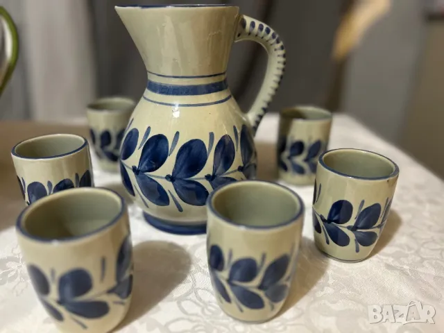 Art Pottery Blue Pitcher Set, Osterr Edel Keramic,  Арт керамика к-т Gollhammer ceramics GK Austria, снимка 2 - Антикварни и старинни предмети - 47221999