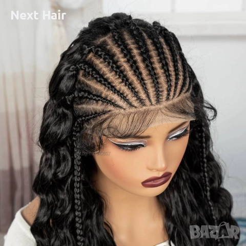 Екзотична черна синтетична перука с пълзящи плитки и къдрава дължина 70 см - Lace Front 13x6, снимка 9 - Аксесоари за коса - 52878519