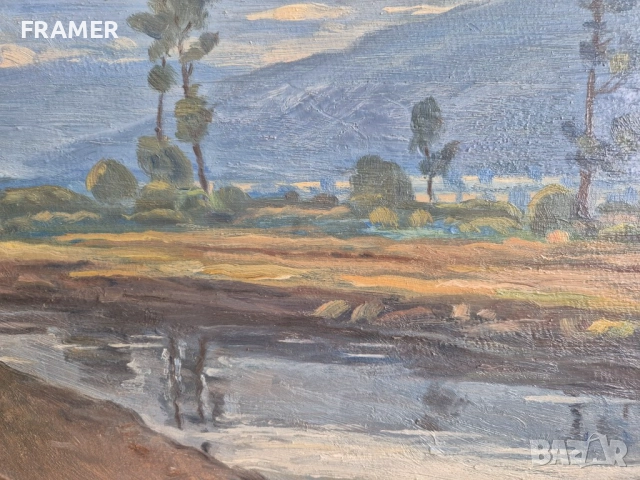 Станьо Стаматов 1886-1963 Пред Балкана Пейзаж от Казанлъшко от 1930 те години. , снимка 6 - Картини - 52444865