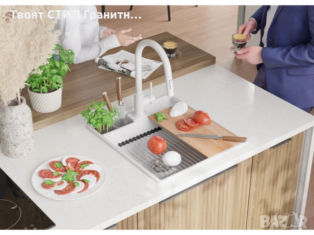 Бяла кухненска гранитна мивка Ню Йорк 50 Multispace 480 x 530 мм, снимка 2 - Мивки - 51286118