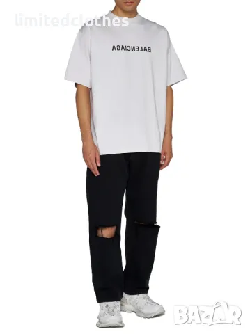 BALENCIAGA Ecru Destroyed Reversed Mirror Logo Print Oversized Мъжка / Дамска Тениска size S (M), снимка 8 - Тениски - 46827515