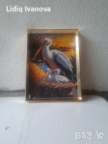 Диамантен гоблен щъркел-готов и рамкиран, снимка 3 - Гоблени - 50444260