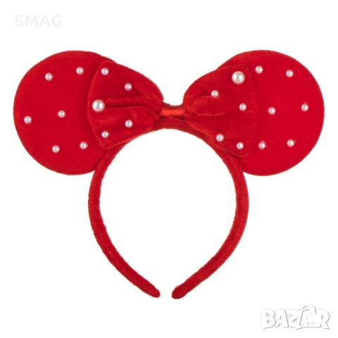 Коледна кадифена диадема с червени ушички и бяла панделка с перли_1242804