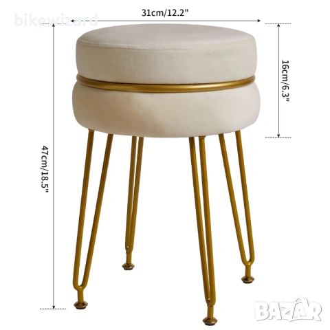 Модерна кадифена кръгла табуретка със златисти крака – кремаво-бяла НОВА