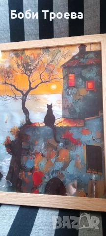 Ретро и съвременно платно - Изкуство "Черна котка и изгрев" с ярки оранжеви листа,, снимка 5 - Картини - 51995604
