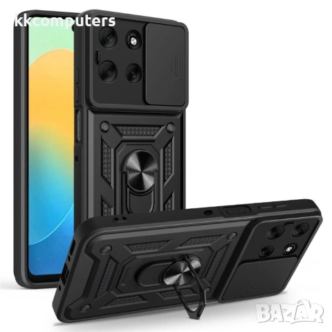 Калъф за Motorola Moto G56 5G с Въртяща се Стойка и Плъзгащо Капаче за Камера - PC + TPU, Военна защ