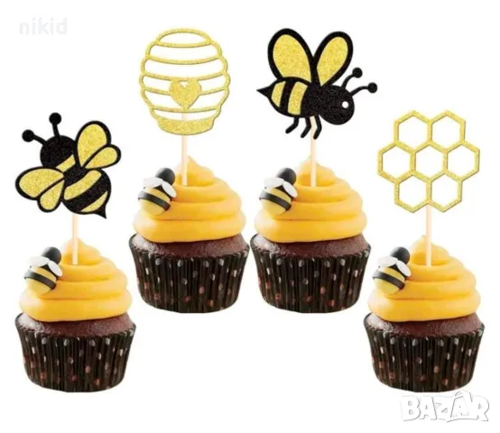 12 бр Пчела кошер пчелна медена пита брокатени топери за мъфини кексчета декор торта парти, снимка 3 - Други - 50389392