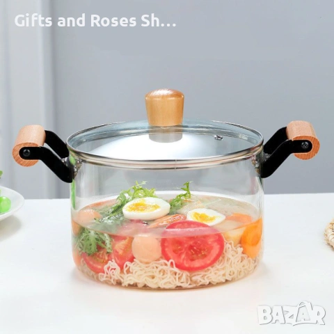 Термоустойчива стъклена тенджера Morello Crystal от боросиликатно стъкло с дървени дръжки, снимка 3 - Съдове за готвене - 53874815