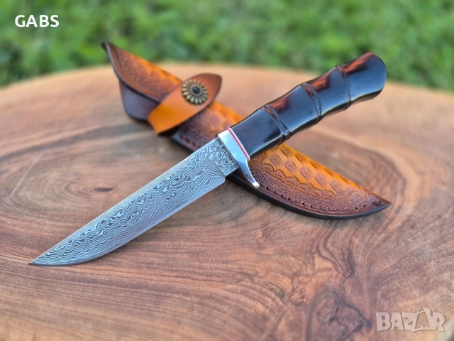 Японски ловен нож DAMASKUS AB,дамаска стомана VG10,кожена кания,LN418, снимка 8 - Ножове - 51593644