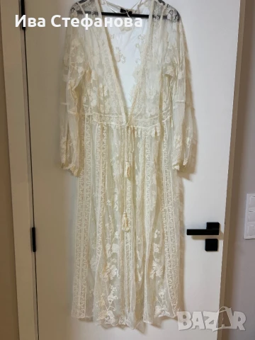 Нова плажна дълга  бяла памучна дантелена наметка, плажно пончо ,кафтан плажна дълга рокля, снимка 4 - Туники - 50581997