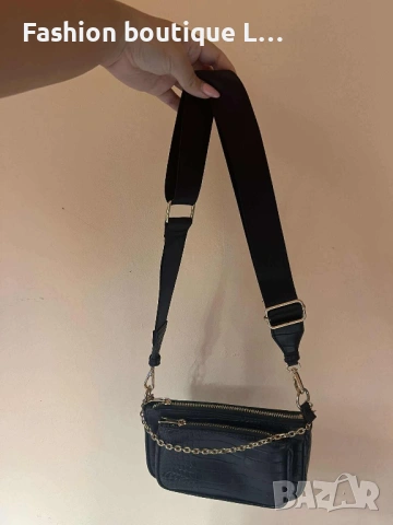 Дамска черна кожена чанта през тялото със златни детайли и два отделни джоба с ципове 🖤🖤🖤