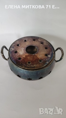 Старинен дебело посребрен комплект от 3 части-съд за подгряване и два подноса, снимка 6 - Антикварни и старинни предмети - 52377070