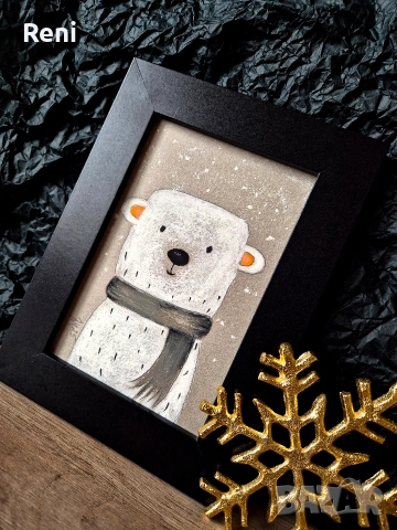 Коледна миниатюра, бяла мечка, пастел, снимка 3 - Коледни подаръци - 52697726