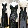 Дълга бална рокля от италиански сатен с ръчно пришита апликация с дантела в класическо черно, снимка 1 - Рокли - 45156372