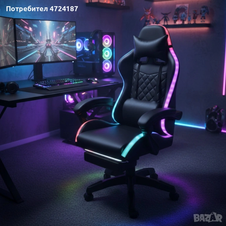 Черен геймърски стол с масаж, LED осветление и поставка за крака – ергономичен, с дистанционно, снимка 1