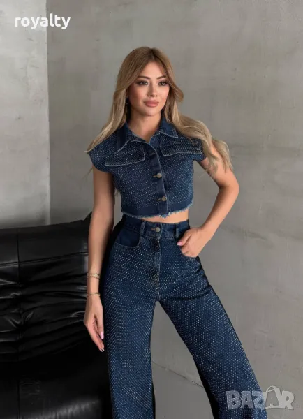 Комплект с деним, фини кристали, снимка 1