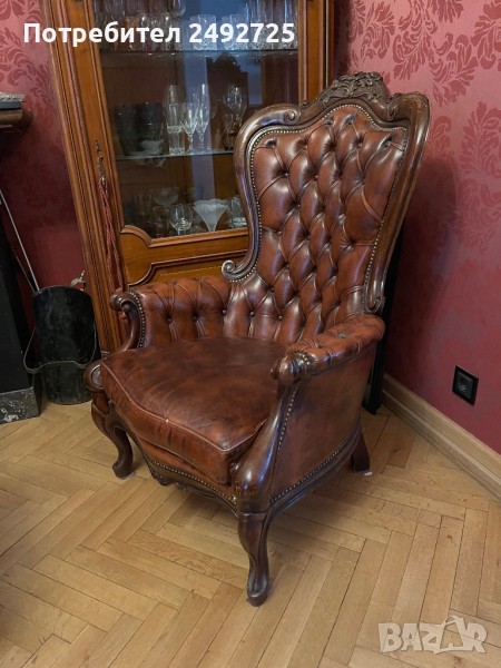 ✅диван и 2 кресла барок, кожен, естествена кожа, стил Луи, снимка 1