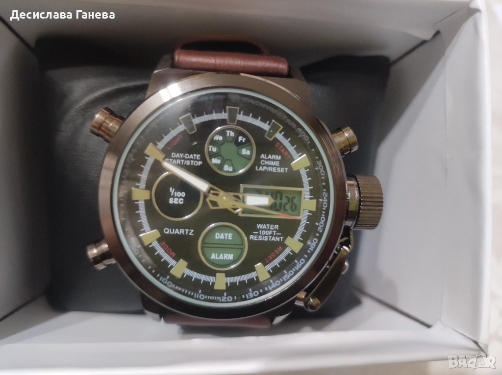 Мъжки часовник  с аналогов и цифров дисплей и кожена каишка.   , снимка 1