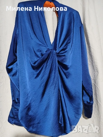 Кралско синя сатенирана риза Л, снимка 4 - Ризи - 53224338