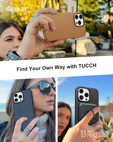 Калъф TUCCH Wallet за iPhone 15 Pro с държач за магнитна карта от PU кожа със стойка, черен, снимка 4 - Калъфи, кейсове - 44975943