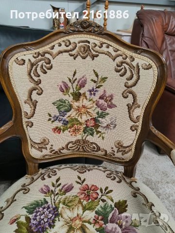 Комплект от две дъбови кресла с дърворезба и   гобленова дамаска , снимка 7 - Столове - 54100221