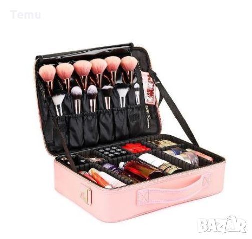 Професионален куфар с три отделения за козметика / Цвят: Розов; Размер: 37х26х11см; Материал: Плат; 
