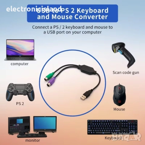 Преходник USB мъжки към двоен PS/2, PS2 женски адаптер за клавиатура и мишка конектор порт компютър, снимка 5 - Други - 39149900