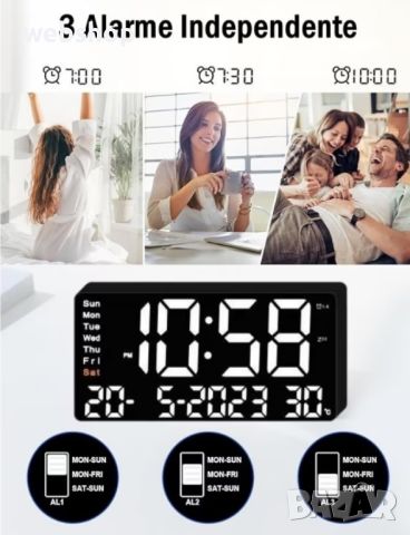 Цифров настолен часовник с бяла LED светлина, аларма, 3 нива на яркост, календар, температура