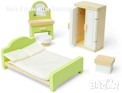 Нов Комплект спалня за кукли от дърво – мини легло, гардероб, тоалетка, снимка 3 - Образователни игри - 53520814