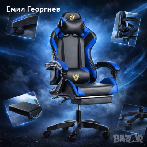 Геймърски стол с поставка за крака – черно-син, въртящ, с масажна функция и спортен дизайн, снимка 2 - Столове за офис - 53237305