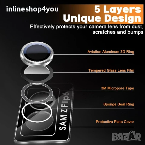 Стъклен Протектор за Камера Тип Рингове за Samsung Galaxy Z Flip7 FE, снимка 3 - Фолия, протектори - 51368696