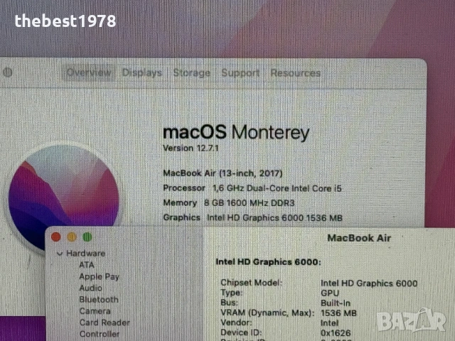 MacBook Air 13 2017`Core i5/256GB SSD/8GB RAM/Бат 90%, снимка 6 - Лаптопи за работа - 53125681