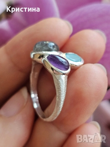 Красив сребърен пръстен с Лабрадорит, Аметист и Халцедон, снимка 4 - Пръстени - 54234681