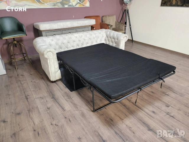 Кремав диван от плат тройка Честърфийлд с функция сън, снимка 3 - Дивани и мека мебел - 53759903