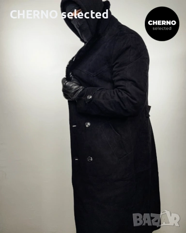 C&A дълго двуредно мъжко кожено палто от естествен велур с кожена яка – размер L , снимка 13 - Якета - 53668334